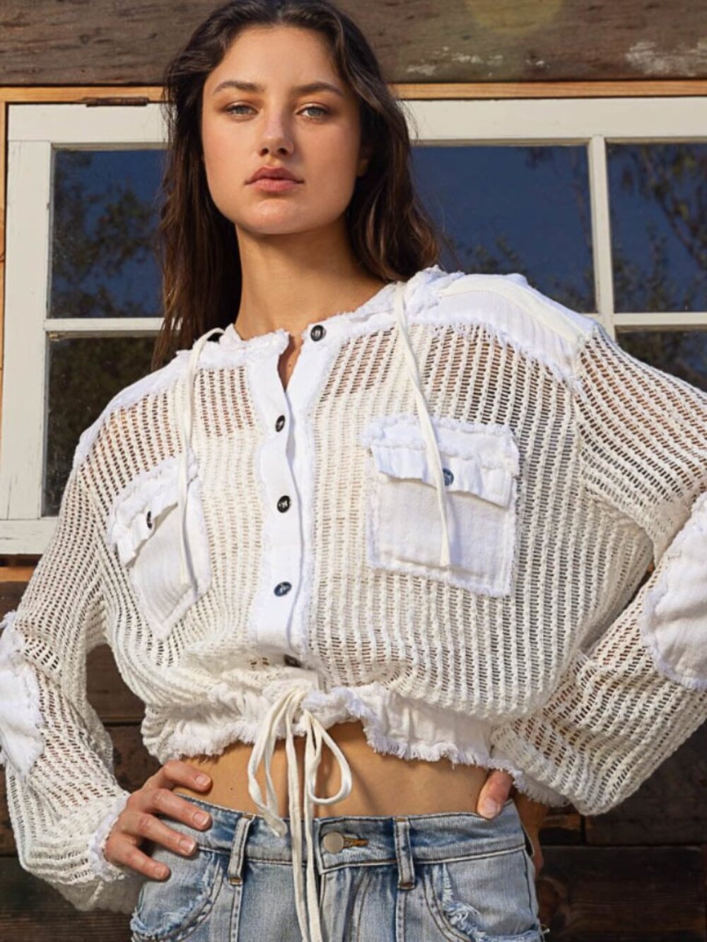 POL White Open Weave Hooded Button-Down - Size L